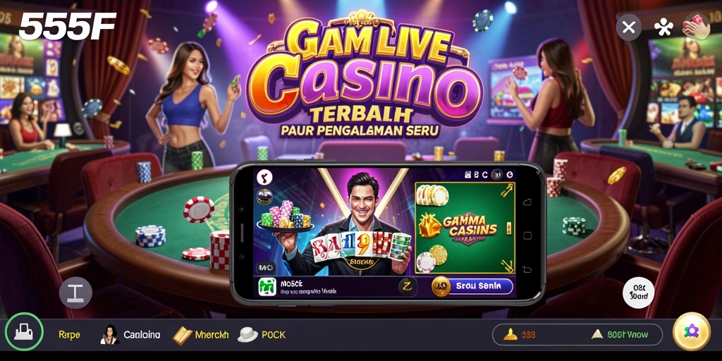 Screenshot gameplay 555F menampilkan suasana kasino langsung yang mendebarkan.