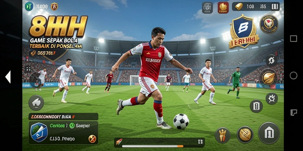 Screenshot game sepak bola dengan aksi pemain di lapangan.
