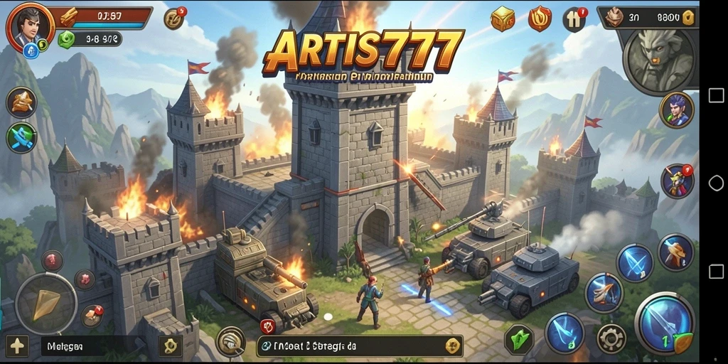 Screenshot utama ARTIS777 menampilkan aksi menara bertahan melawan gelombang musuh.