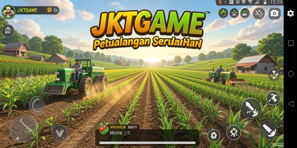Screenshot utama JKTGAME menampilkan aktivitas bertani yang menarik.