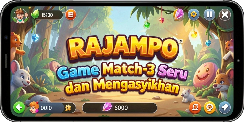 Tampilan gameplay Match-3 RAJAMPO yang seru dan penuh warna.