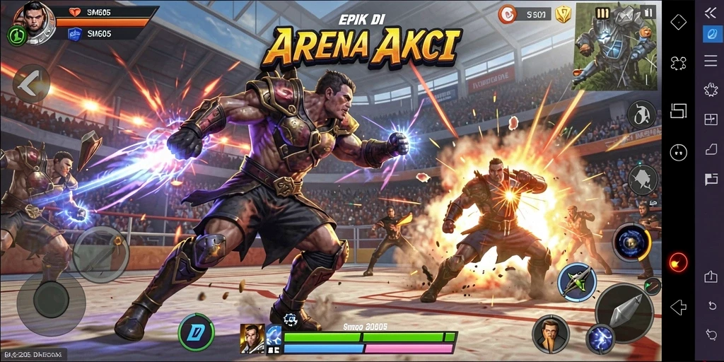 Tangkapan layar SM605 menampilkan pertempuran seru dalam arena aksi.