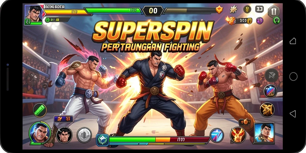 Gameplay SUPERSPIN menampilkan pertarungan dinamis dan karakter menarik.